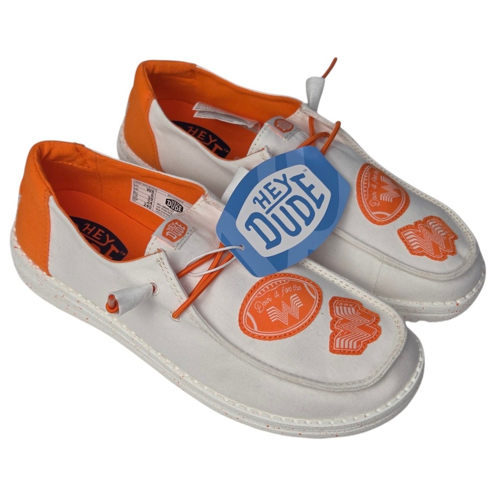 Hey Dude Wendy Whataburger Shoes Women 8 White Orange Slip On Canvas Loafers NEW